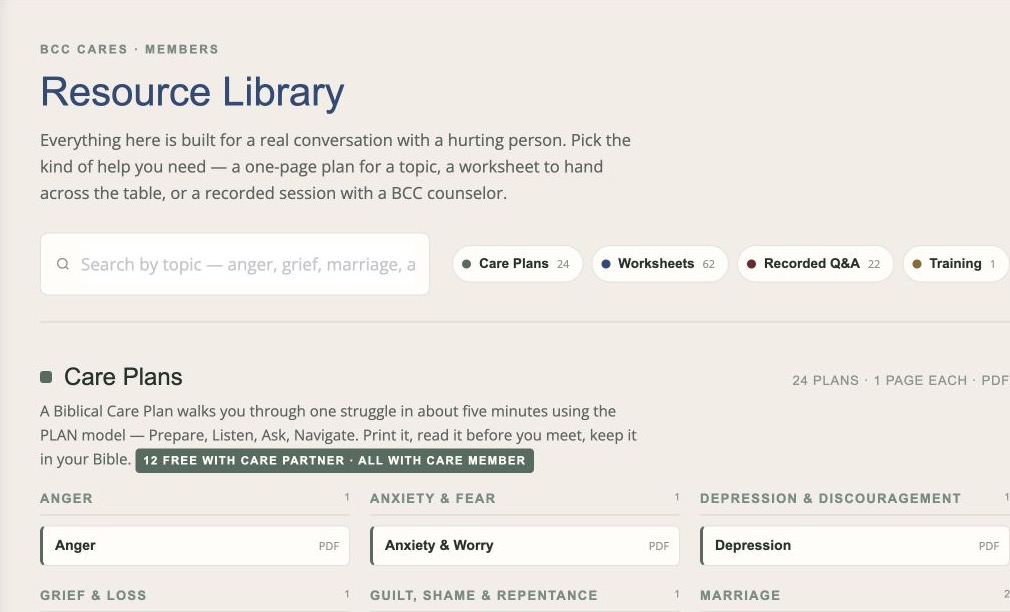 BCC Cares Resource Center organized by counseling topic